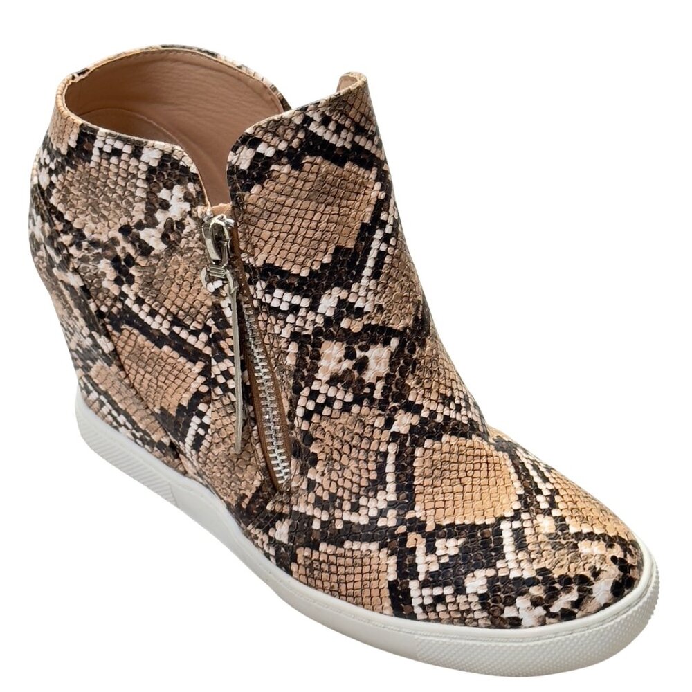 Snakeskin Print Wedge Ankle Boots With Side Zipper & Rubber Sole